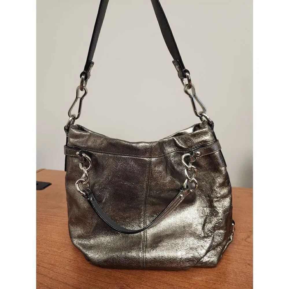 COACH Brooke Handbag Leather Pewter Silver Metallic Hobo F17165